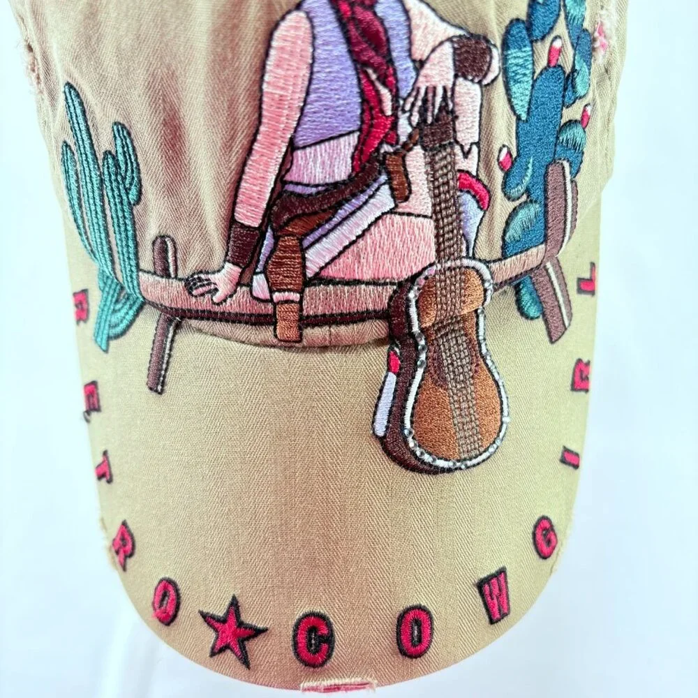 Retro Cowgirl Embroidered and Distressed Strapback Womens Tan Baseball Hat‎